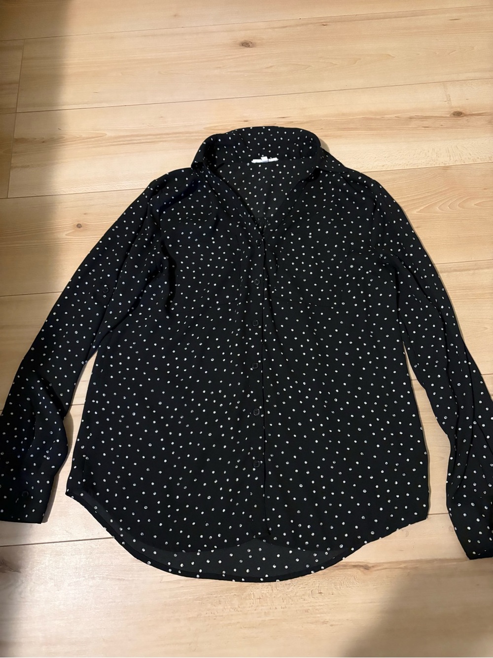 Maurices Black Button-Down Shirt with White Polka Dots